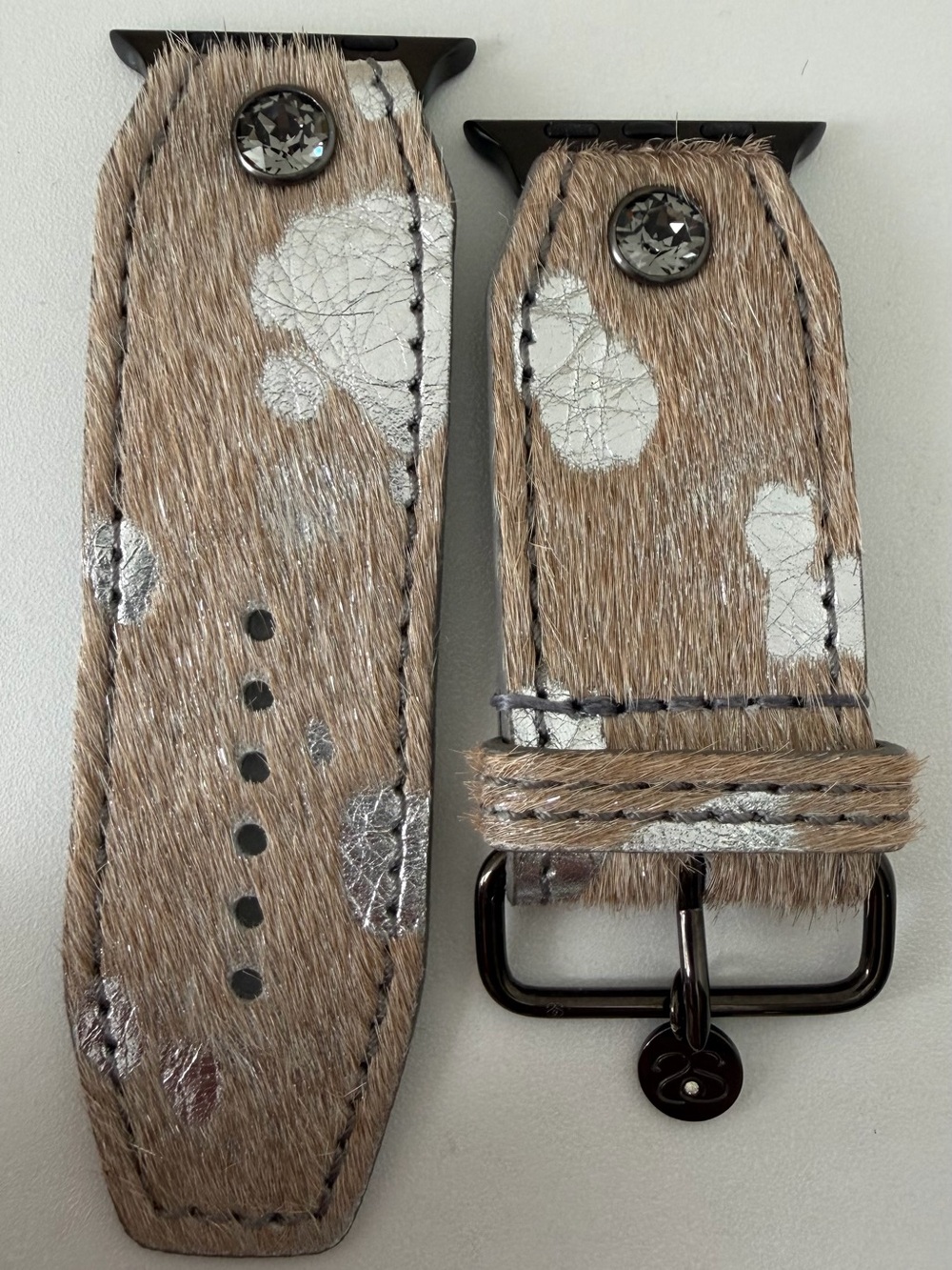 Taupe Faux Fur and Silver Spark*l Apple Watch Band, size 2 - Picture 2 of 7